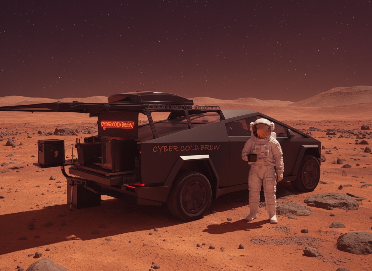 Cyber Cold Brew promotional artwork showing its Cybertruck coffee setup in an imagined Mars landscape