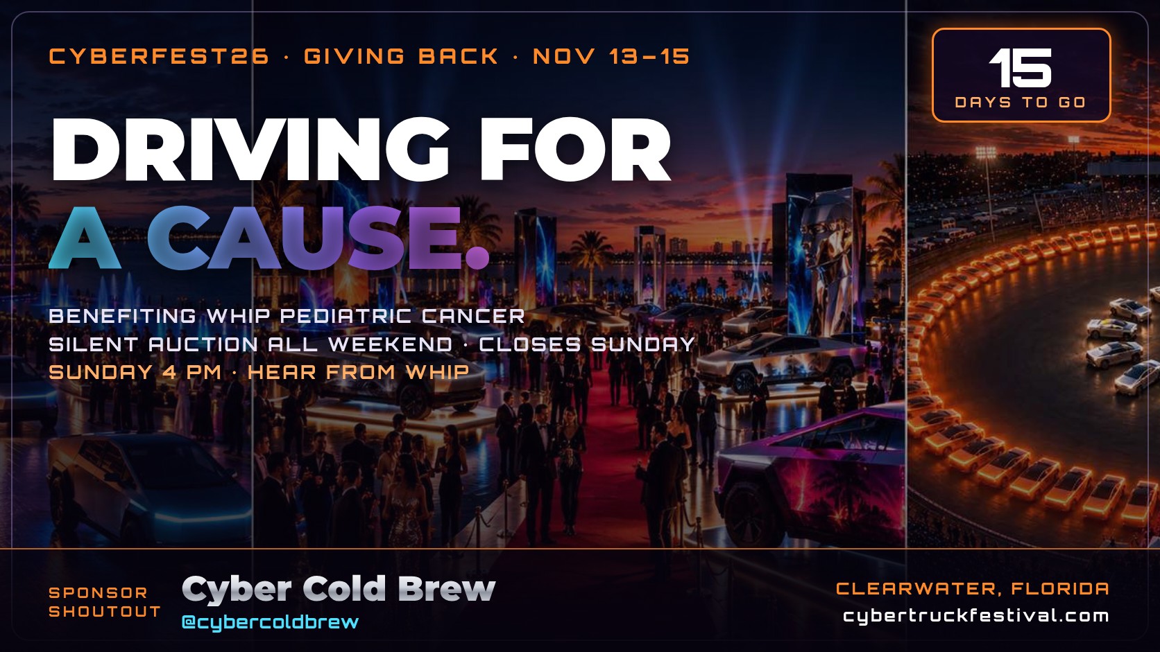 CYBERFEST26 gives back: driving for a cause to benefit Whip Pediatric Cancer, with sponsor Cyber Cold Brew