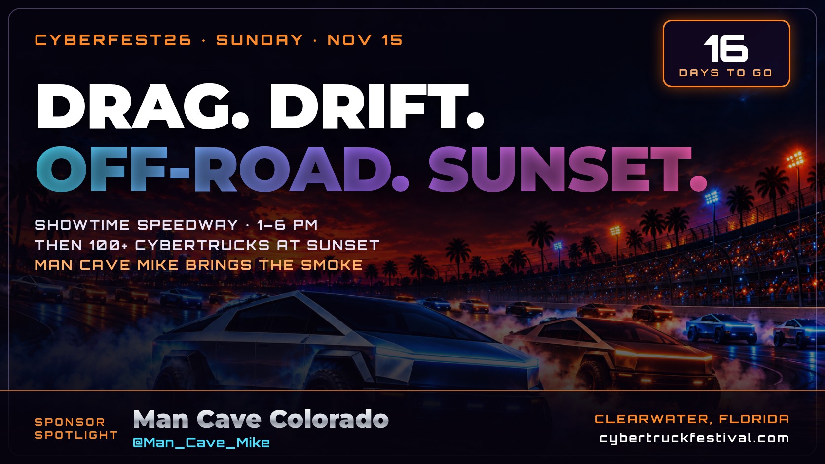 CYBERFEST26 Sunday at Showtime Speedway: drag, drift, off-road and a sunset finale, with sponsor Man Cave Colorado