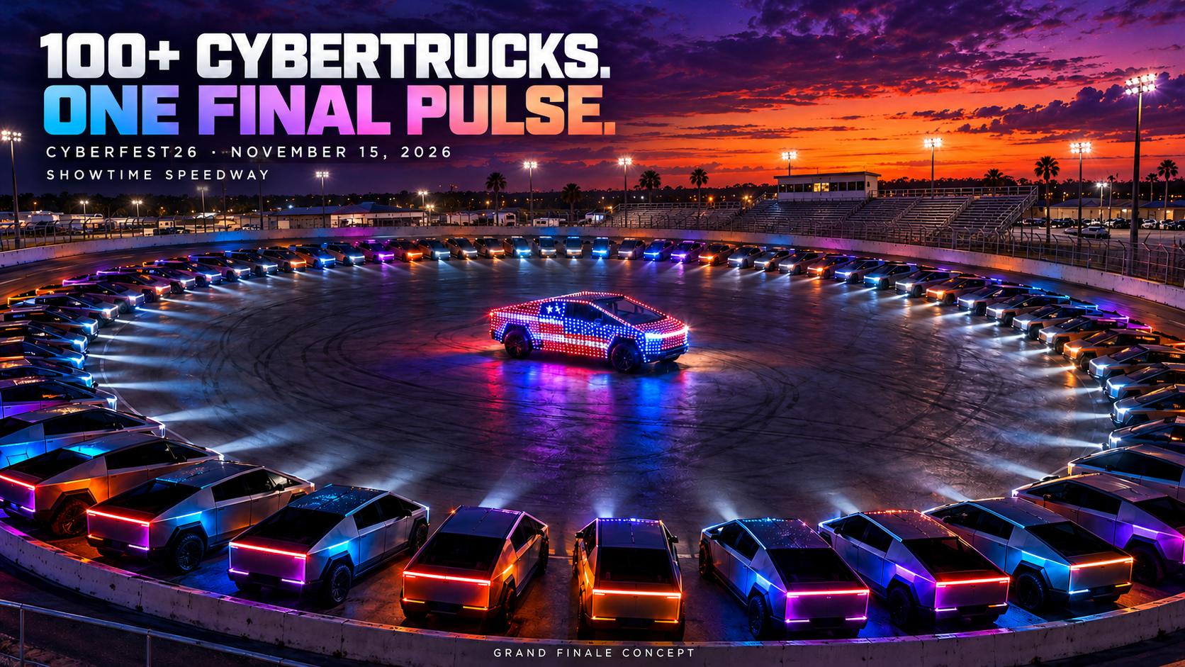CYBERFEST26 grand finale concept: LED-covered Cybertruck at the center of a speedway with grandstands and synchronized Cybertrucks